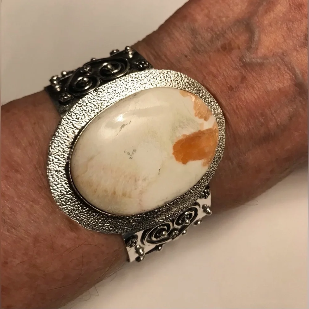 Scolecite Stamped Solid 925 Sterling Silver Cuff Bracelet